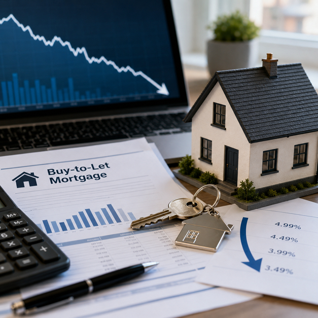 Model house, keys and buy to let mortgage paperwork with falling rate charts.