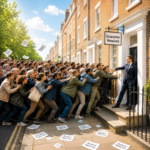 Crowd of renters facing a landlord outside a property as guarantor requirements increase under the Renters’ Rights Act