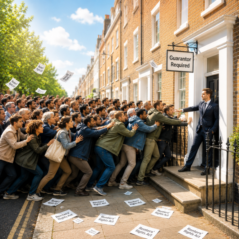 Crowd of renters facing a landlord outside a property as guarantor requirements increase under the Renters’ Rights Act