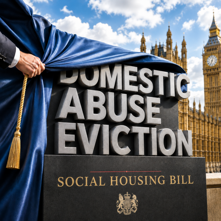 Unveiling of the Social Housing Bill with Parliament in the background, symbolising housing reform and tenant protections