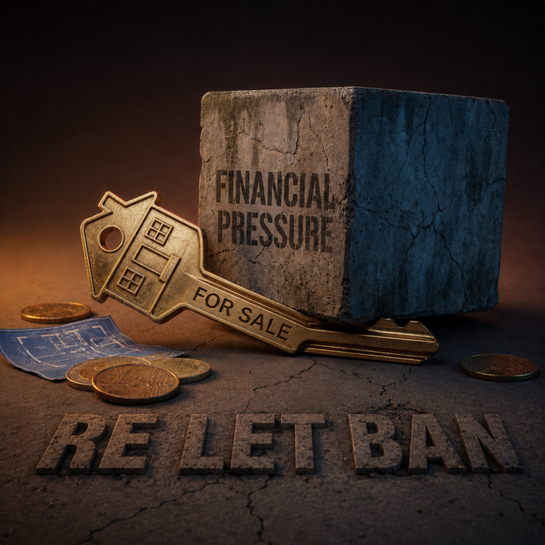 House-shaped key beside “For Sale” and “Financial Pressure” text illustrating landlords affected by re-let restrictions