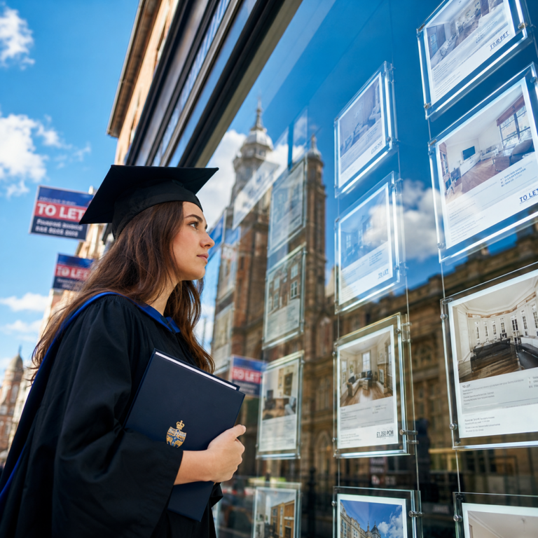Graduate reviewing rental property listings in a city as rising rents challenge affordable housing options.
