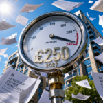 Pressure gauge showing a proposed £250 ground rent cap as leasehold reform consultation papers fly overhead