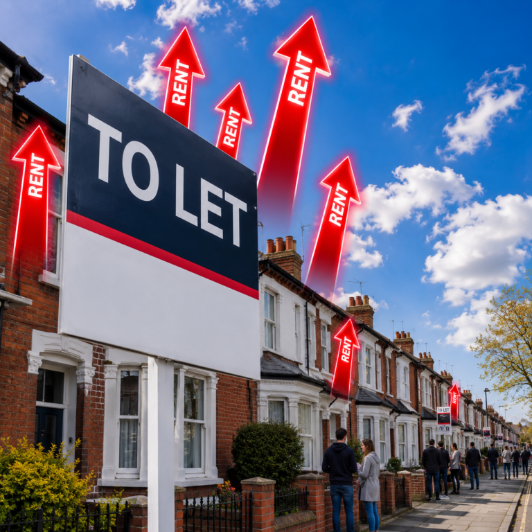 To Let sign outside rental homes with rising rent arrows illustrating UK rent increases in lower-cost markets