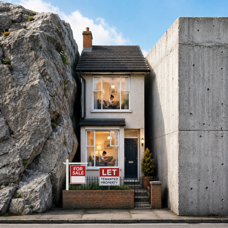 Landlord property squeezed between obstacles, illustrating challenges selling a tenanted home after Section 21 abolition