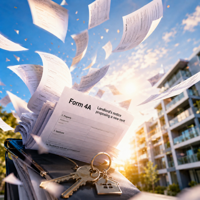 Form 4A rent increase notices, property keys and apartment buildings illustrating Section 13 rent increase compliance