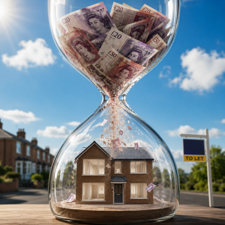 Empty rental property under falling banknotes showing landlord void costs