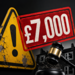 Warning sign, judge’s gavel and £7,000 penalty graphic illustrating landlord hazard fines under HHSRS