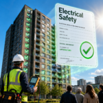 Electrical safety inspection report displayed beside a social housing apartment block undergoing compliance checks