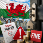New Wales rental rules warning with landlord fines, property keys and Welsh flag backdrop
