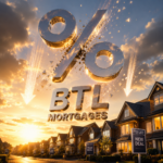Percentage symbol above suburban homes illustrating new buy-to-let mortgage deals and rate changes