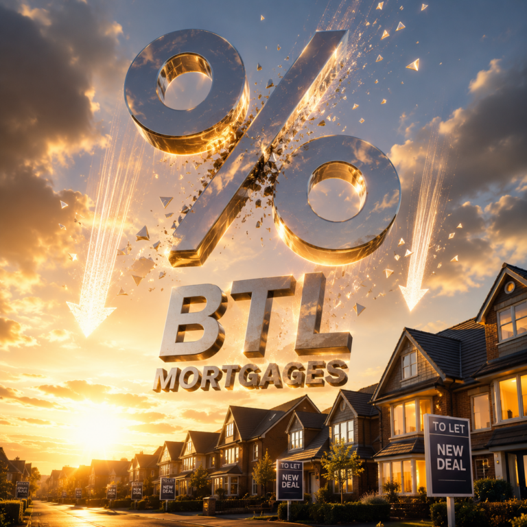 Percentage symbol above suburban homes illustrating new buy-to-let mortgage deals and rate changes