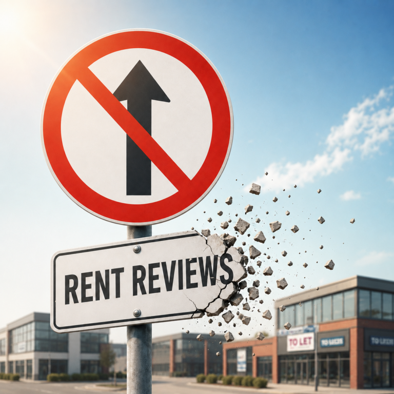 Cracked rent review sign symbolising proposed ban on upward-only commercial lease rent reviews