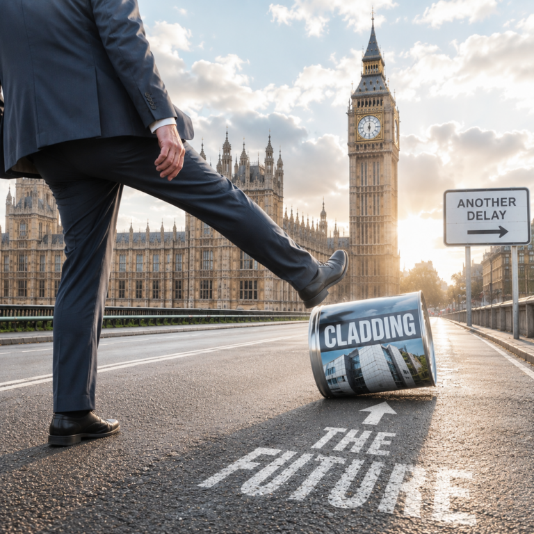 Campaigner kicking cladding issue down the road outside Parliament, symbolising delays in remediation efforts