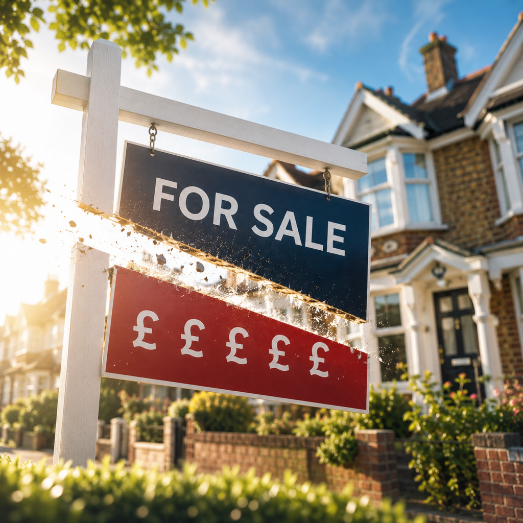 For sale sign outside a UK home illustrating falling house prices and increased seller competition