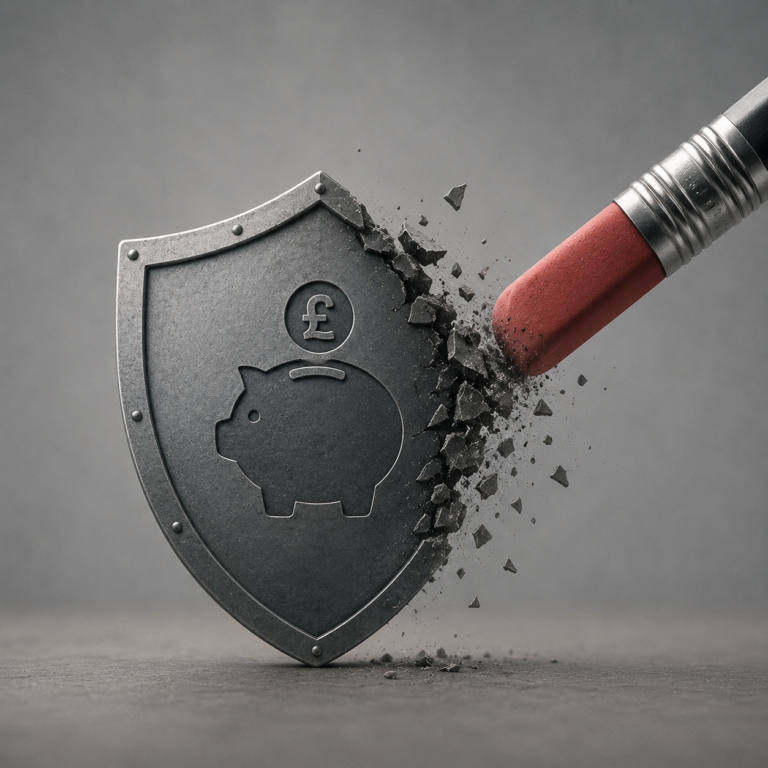 Shield with piggy bank and pound symbol being broken, representing changes to tenancy deposit protection
