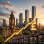 Manchester skyline with rising pound symbol and growth chart illustrating decade-long house price increases