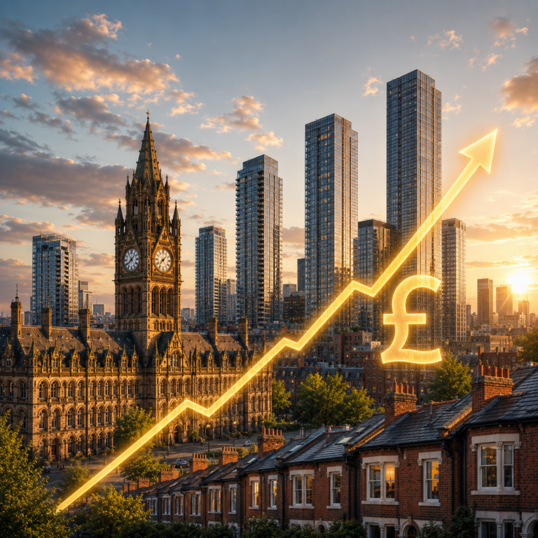 Manchester skyline with rising pound symbol and growth chart illustrating decade-long house price increases