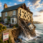 Coastal house collapse illustrating falling UK seaside property prices and market correction