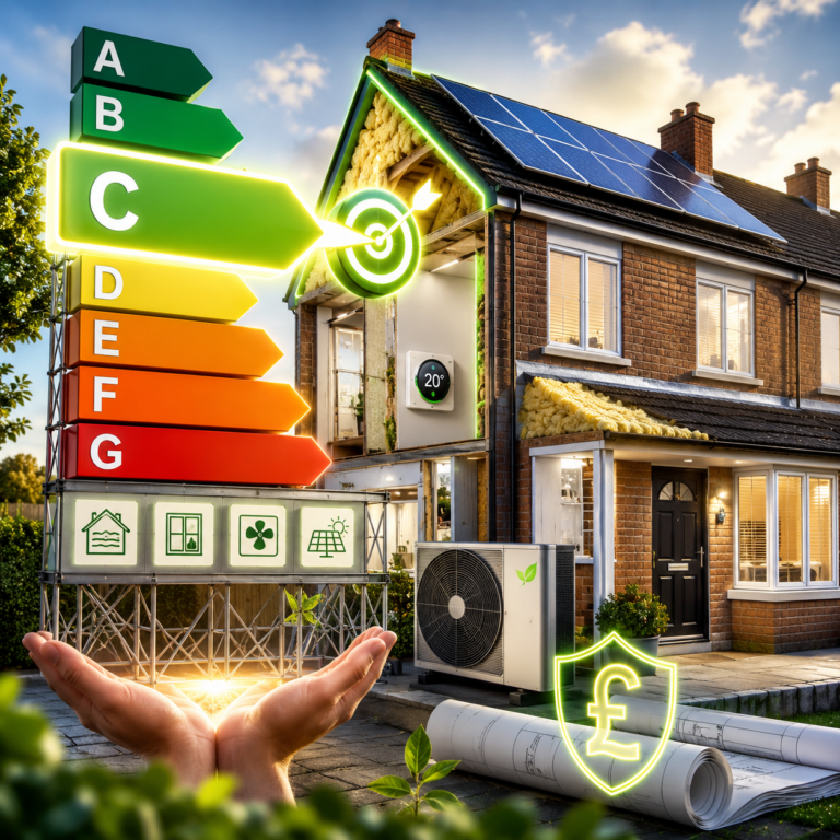 Energy-efficient rental home with solar panels, insulation and heat pump improvements to meet EPC targets