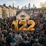 Symbolic house and community crowd highlighting 122 people helped into housing through a homelessness scheme
