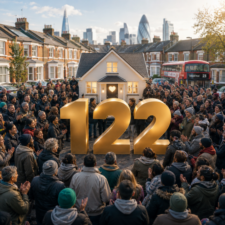 Symbolic house and community crowd highlighting 122 people helped into housing through a homelessness scheme