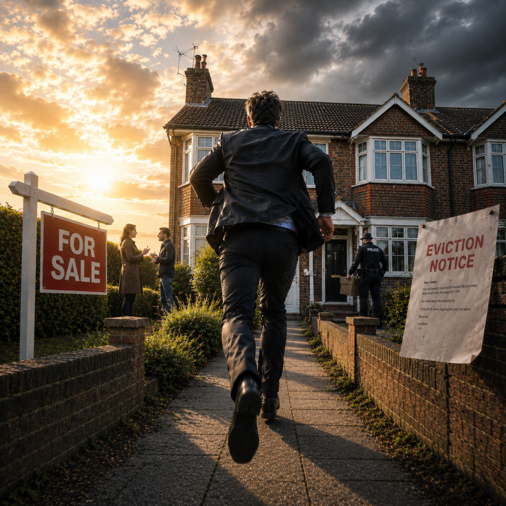 Landlord approaching a rental property with a for sale sign and eviction notice, illustrating post-Section 21 sales challenges.