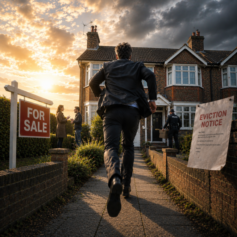 Landlord approaching a rental property with a for sale sign and eviction notice, illustrating post-Section 21 sales challenges.