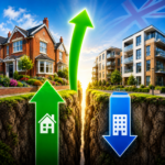 Illustration showing UK house prices rising faster than flat prices, widening the value gap between property types.