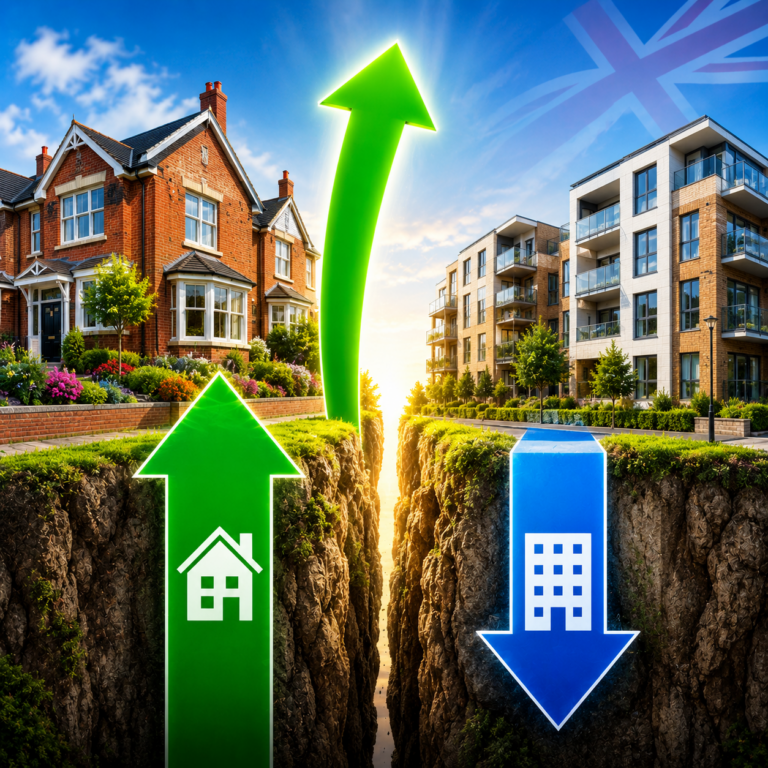Illustration showing UK house prices rising faster than flat prices, widening the value gap between property types.