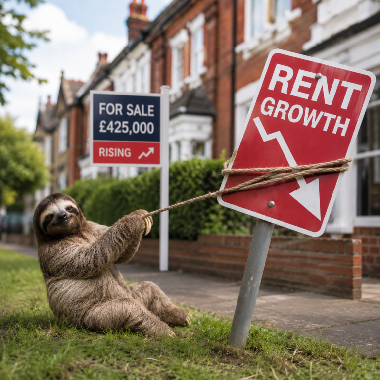 Sloth pulling down a rent growth sign to illustrate slowing UK rental inflation despite rising average rents.