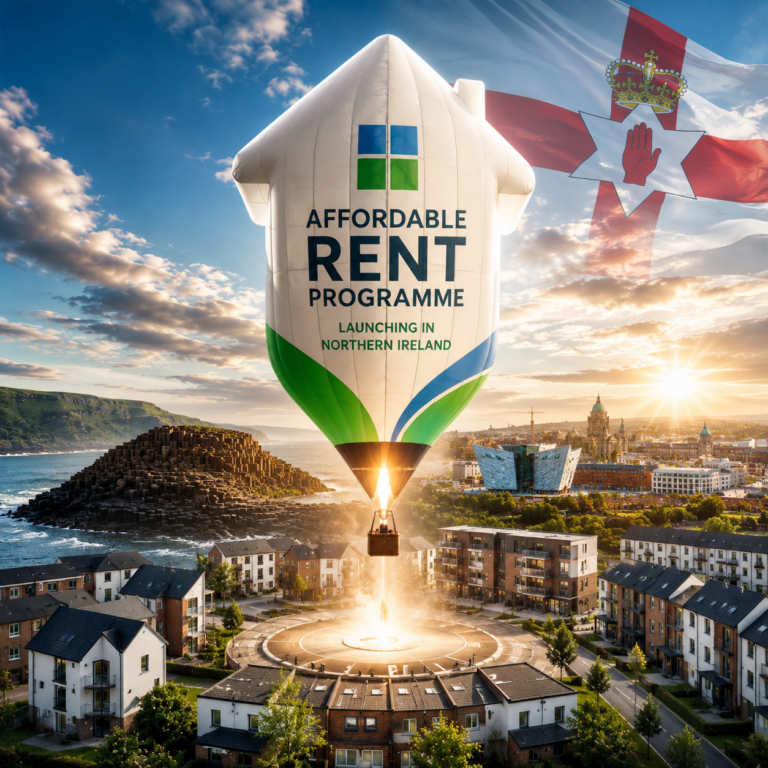 Affordable rent programme launch in Northern Ireland with new housing developments and landmark locations in the background.