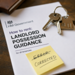 HM Government landlord possession guidance document with corrected error note and house keys, illustrating updated Section 8 rules.
