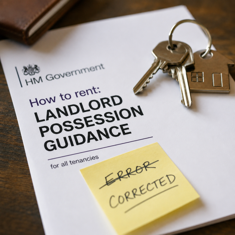 HM Government landlord possession guidance document with corrected error note and house keys, illustrating updated Section 8 rules.
