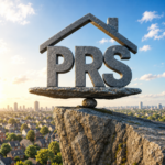 Private rented sector symbol balanced above a residential skyline, representing stability and landlord exits.