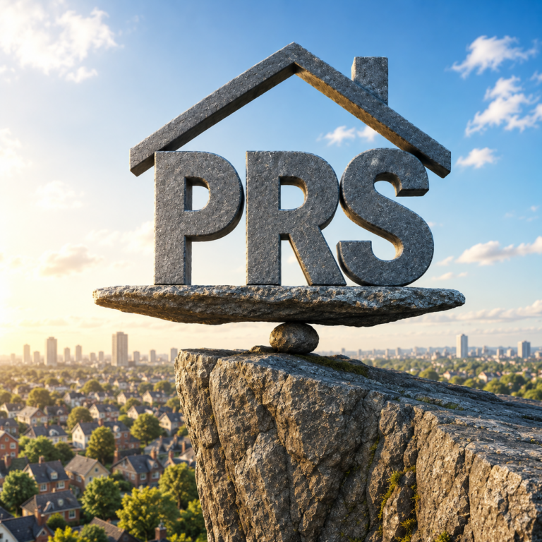 Private rented sector symbol balanced above a residential skyline, representing stability and landlord exits.