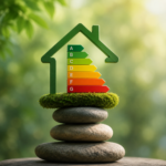 Energy efficiency rating scale inside a house outline, illustrating EPC upgrades for rental properties.