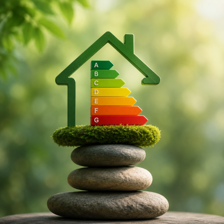 Energy efficiency rating scale inside a house outline, illustrating EPC upgrades for rental properties.