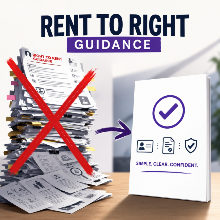 Illustration showing simplified Right to Rent guidance replacing complex paperwork for landlords and letting agents.