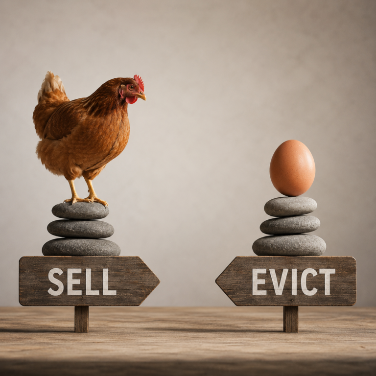 Chicken and egg balanced on stones above signs reading “Sell” and “Evict”, illustrating the dilemma landlords face when selling tenanted property.