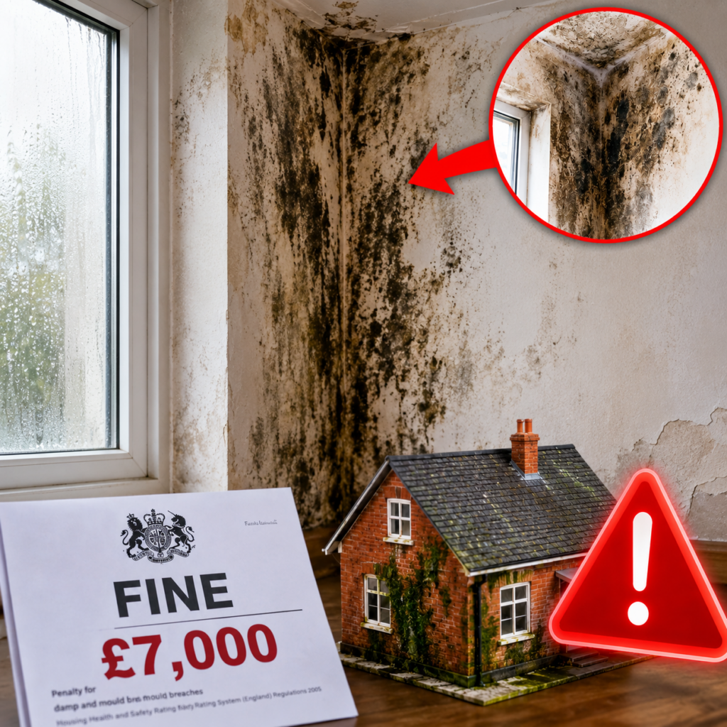 Severe mould in a rented home highlighting new £7,000 fines for landlords under the Renters’ Rights Act.
