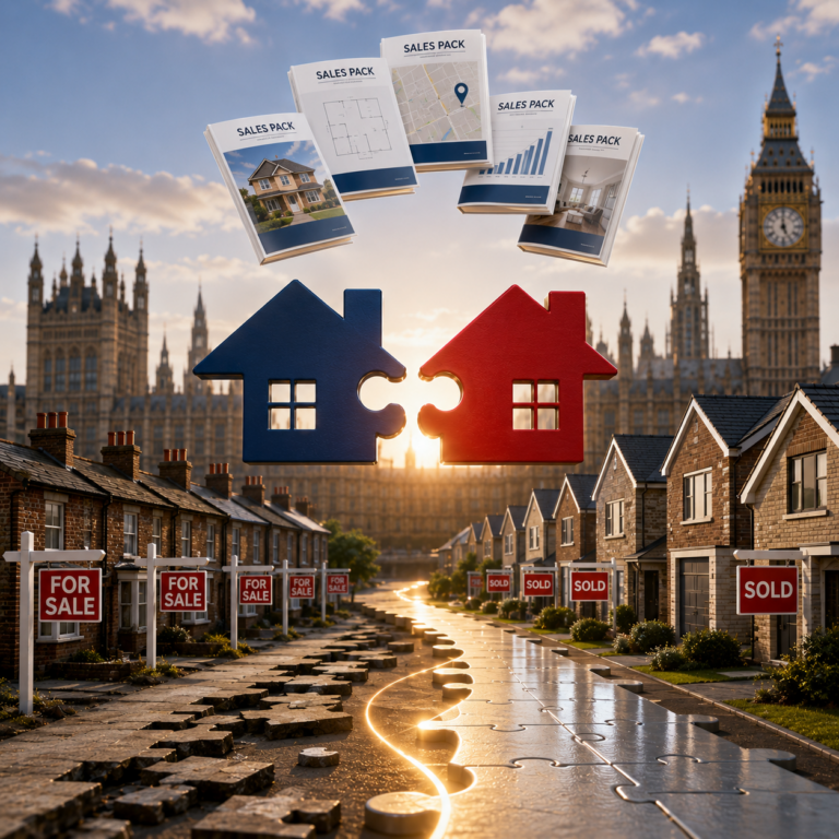 Illustration of proposed property sales packs and digital reforms aimed at speeding up home purchases in England.