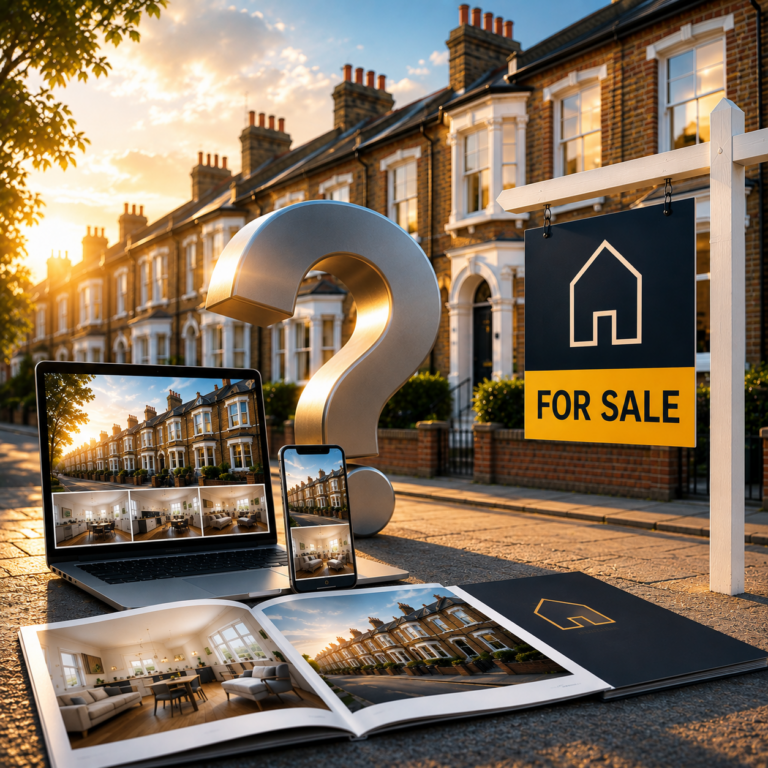Question mark beside HMO property marketing materials and a for sale sign, illustrating decisions around selling HMO portfolios.