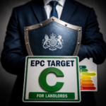 EPC C target sign and energy rating graphic highlighting landlord compliance and property efficiency standards