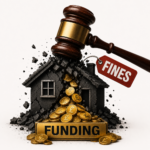 Judge’s gavel smashing a house as funding and fines symbols highlight Renters’ Rights Act enforcement
