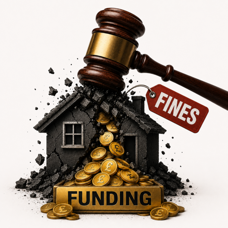 Judge’s gavel smashing a house as funding and fines symbols highlight Renters’ Rights Act enforcement