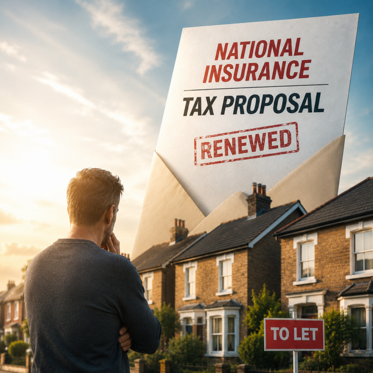 Landlord reviewing a renewed National Insurance tax proposal against a backdrop of rental properties