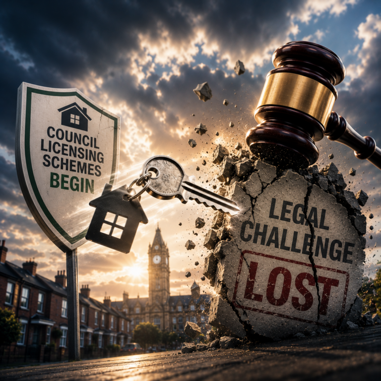 Gavel smashing legal challenge beside landlord licensing sign in Luton housing regulation dispute