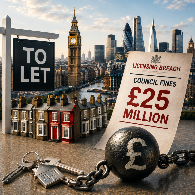 To Let sign, London skyline and licensing fine notice illustrating landlord compliance risks in the capital