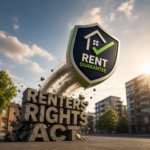 Rent guarantee shield breaking through “Renters’ Rights Act” text, symbolising landlord income protection